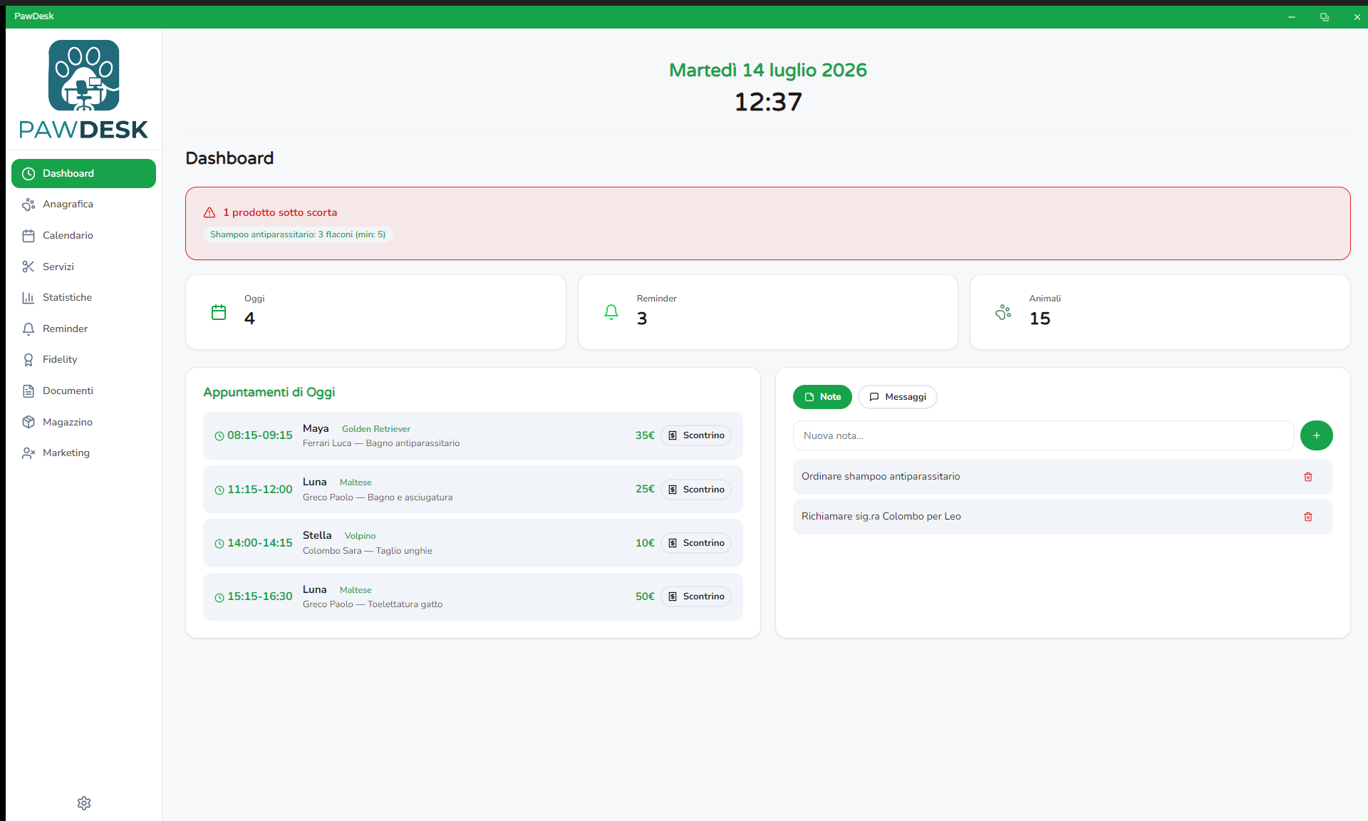 La dashboard di PawDesk con gli appuntamenti del giorno