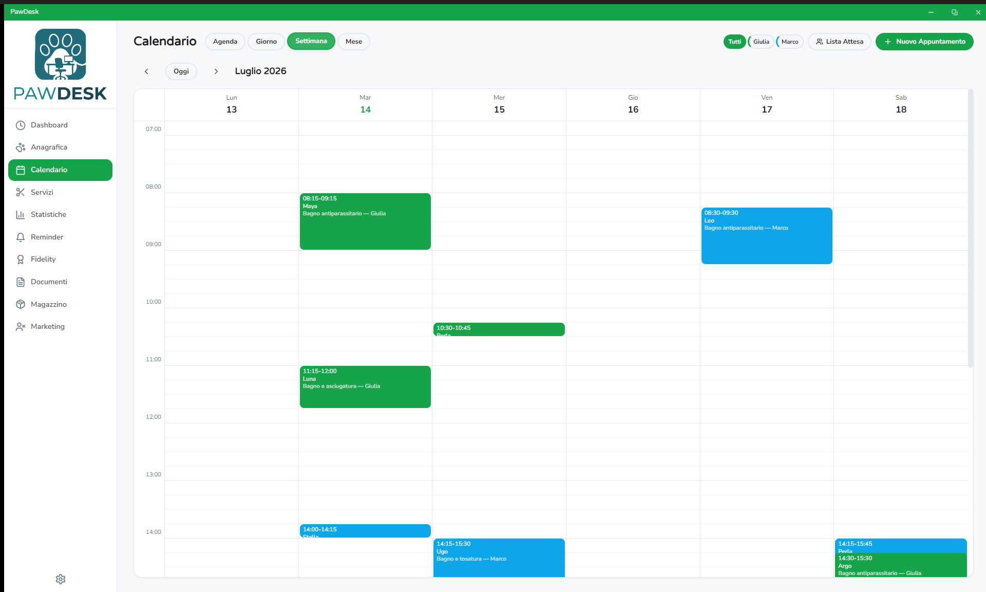 Calendario settimanale con appuntamenti colorati per operatore